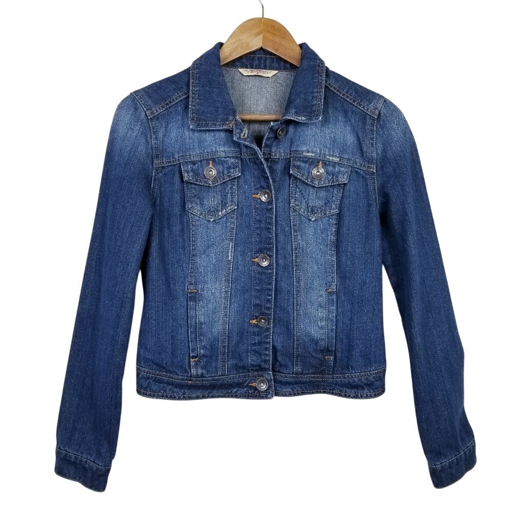Womens Button Up Jean‎ Jacket Sz M Med Wash Biker Moto Long Sleeve Highway Jeans